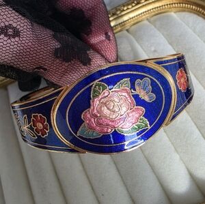 Vintage Cobalt Blue Cloisonné Floral Bangle Bracelet Gold Tone Hinged Statement